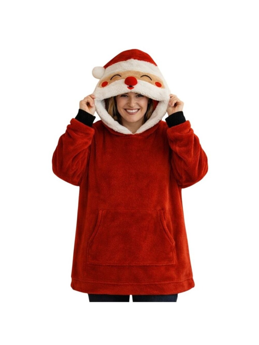 Oversized Santa Hoodie Sherpa Holiday Pullover Adult Christmas Party Sweatshirt